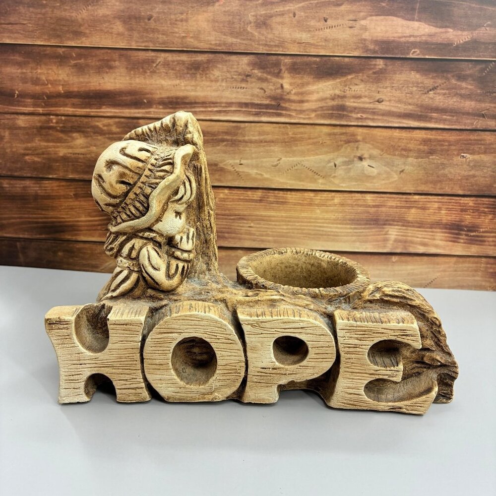 Vintage HOPE Figurine Planter Girl Praying Rustic Carved Wood Look Inspirational